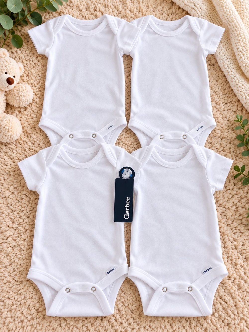 Gerber White Short-Sleeve Cotton Baby Bodysuits - 4 Pack